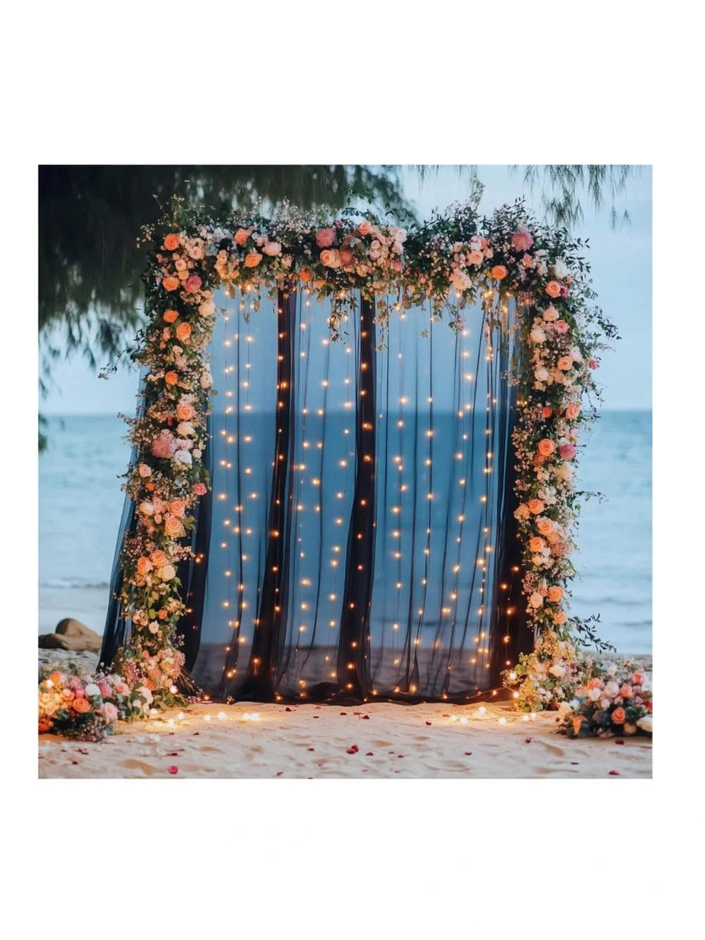 Black Tulle curtain backdrop w/ lights • wedding, celebration, photo booth 10x8’